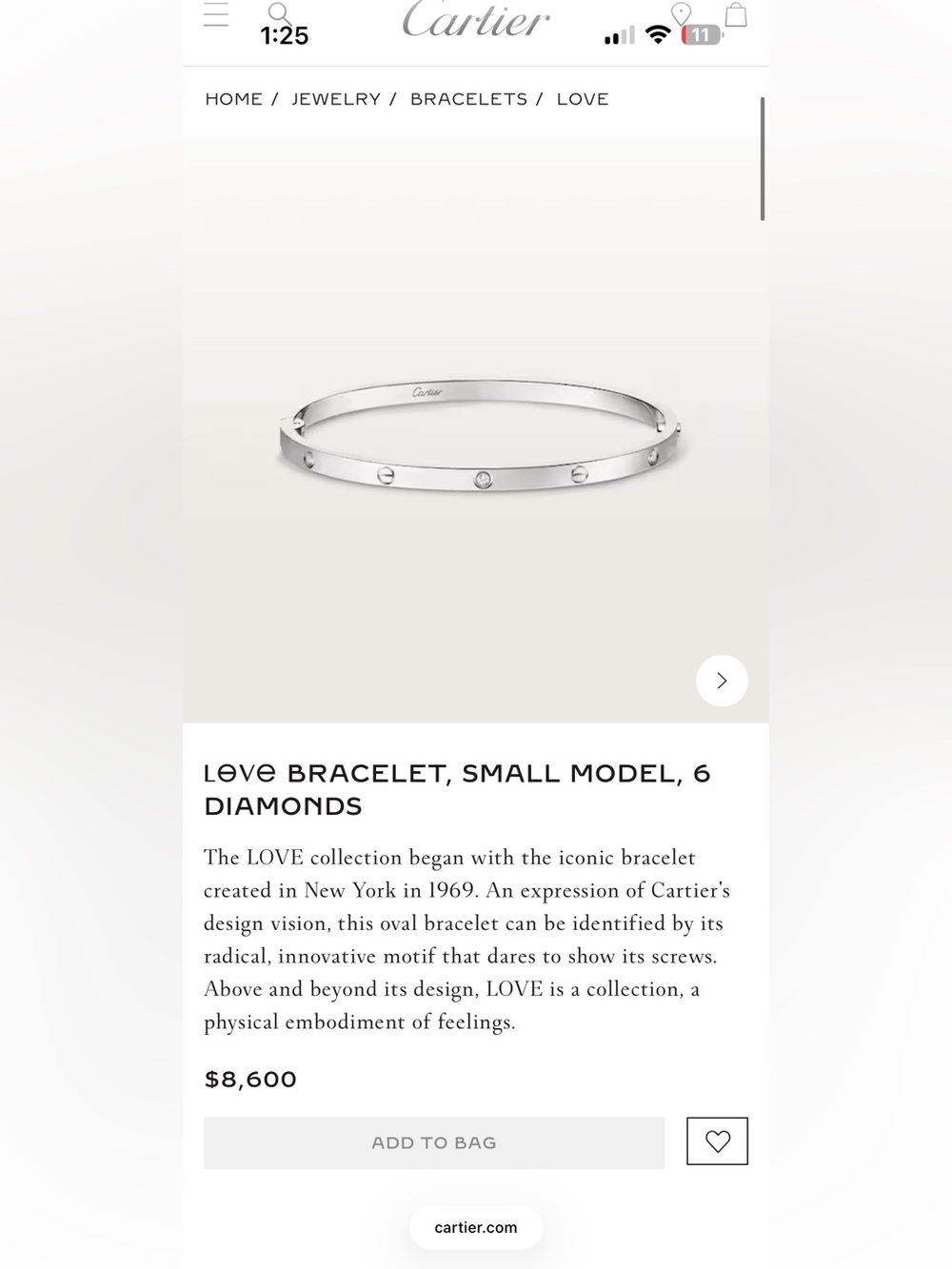Cartier 18k White Gold Love Bracelet with 6 Diamond Accents Size 16